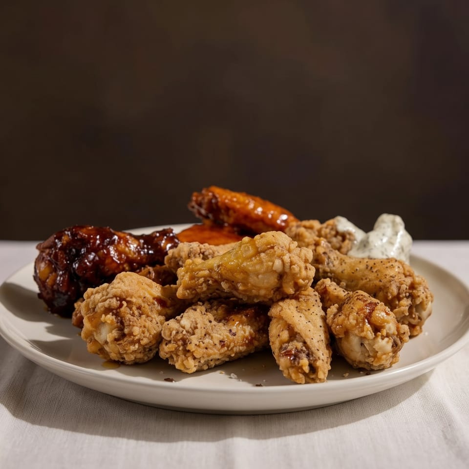 Plate piled with crispy fried chicken pieces, glazed wings, dipping sauce, and seasoned fried sides on a table.