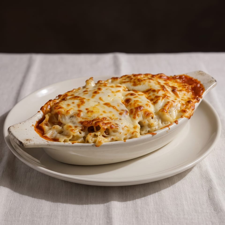 Baked pasta covered with browned melted cheese and tomato sauce, served in a white ceramic dish on a tablecloth.