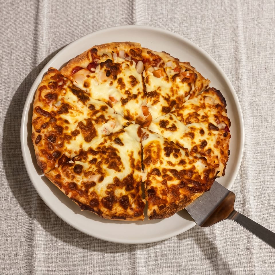 Cheesy vegetable pizza cut into slices on a white plate, with a metal server underneath, resting on a linen tablecloth.