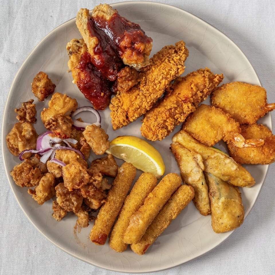 Plate of assorted fried seafood, chicken wings, shrimp, fish fillets, breaded sticks, lemon wedge, and sliced onions.