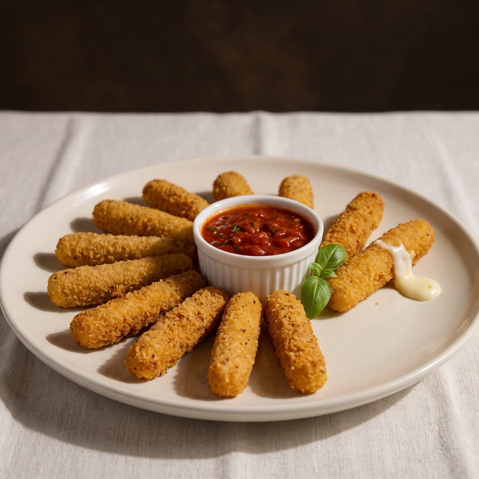 Crispy breaded cheese sticks arranged around marinara sauce, basil, and creamy dipping sauce on a plate.